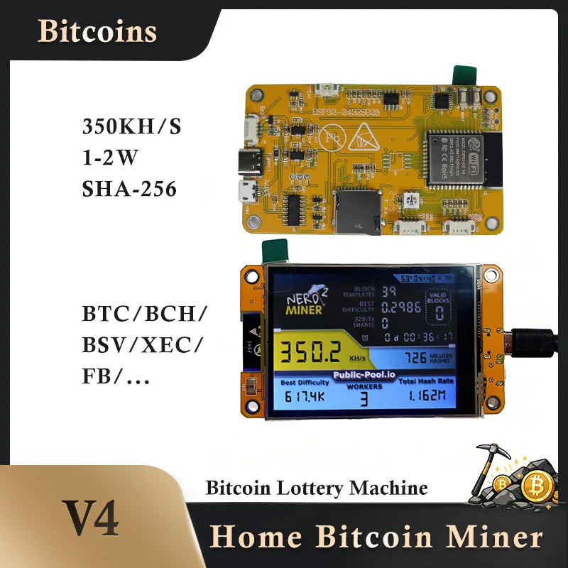 NerdMiner LV04 Mini Bitcoin Miner 350–370KH/s – Quiet Home SOLO Mining Device